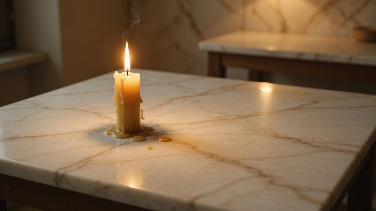 A single candle burning on warm cream marble.